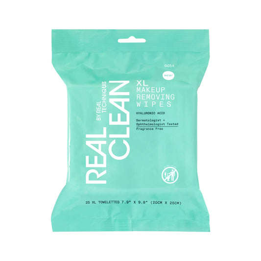 Real Techniques front pack showing XL wipes and resealable seal for convenience