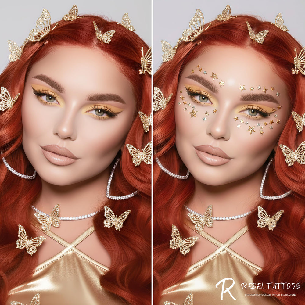 Rebel Tattoos applied on cheek demonstrating sparkling effect and easy adhesion