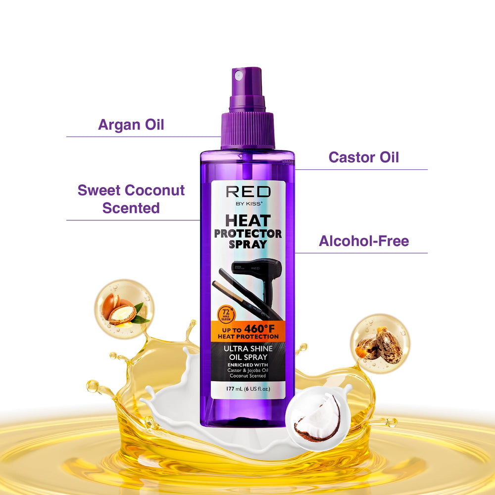 Red by Kiss oil spray on hair strand highlighting smooth texture and shine benefit