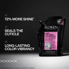 Redken refill pouch emphasizing reduced plastic and better value