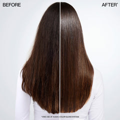 Redken spray droplet on hand showing lightweight texture and shine