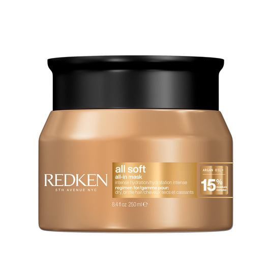 Redken All Soft All-In Mask front jar showing packaging and nourishing benefits
