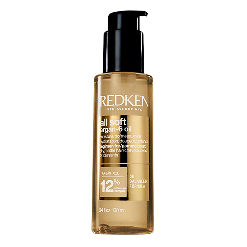Redken all soft argan-6 front bottle showing sleek packaging and brand benefit