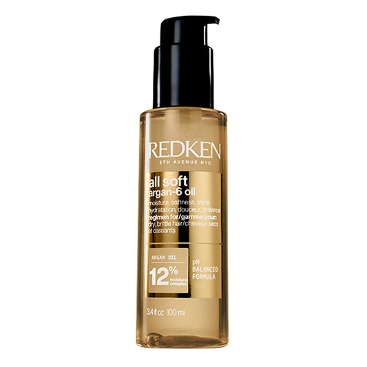 Redken all soft argan-6 front bottle showing sleek packaging and brand benefit