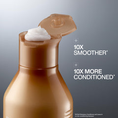 Redken conditioner pump detail highlighting argan oil formula and easy dispensing