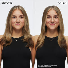 Redken all soft hair before and after split view showing improved shine and smoother texture