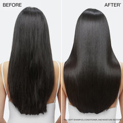 Applying Redken mask to damp hair to show improved manageability and frizz reduction