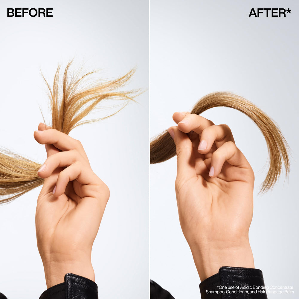 Redken before and after split end comparison showing visibly sealed tips