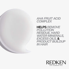 Redken ingredients label close-up highlighting AHA fruit acid and cleansing complex benefits