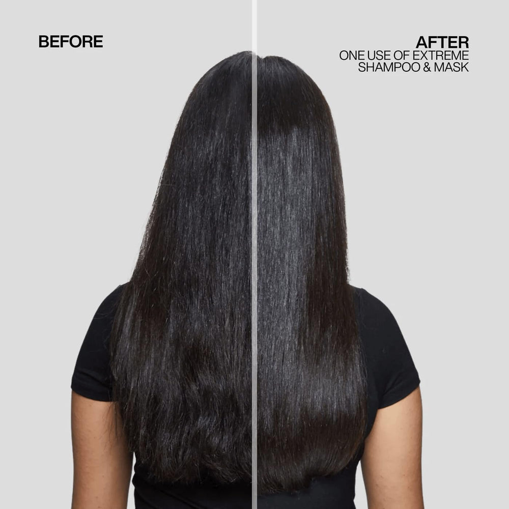 Redken Extreme applied to wet hair in shower demonstrating easy distribution and coverage