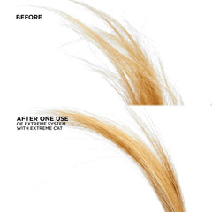 Stylist prepping hair with Redken Extreme CAT in salon, demonstrates protective service prep