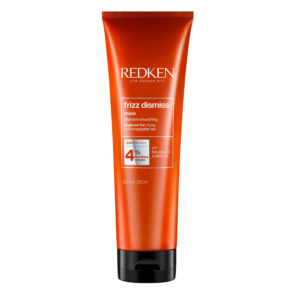 Redken Frizz Dismiss mask front view showing tube and sleek design for easy identification and benefit
