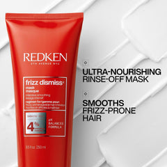 Redken Frizz Dismiss mask texture close-up highlighting creamy formula for deep hydration benefit