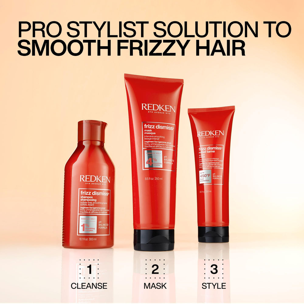 Redken Frizz Dismiss mask packaging label close-up showing ingredient and usage info benefit