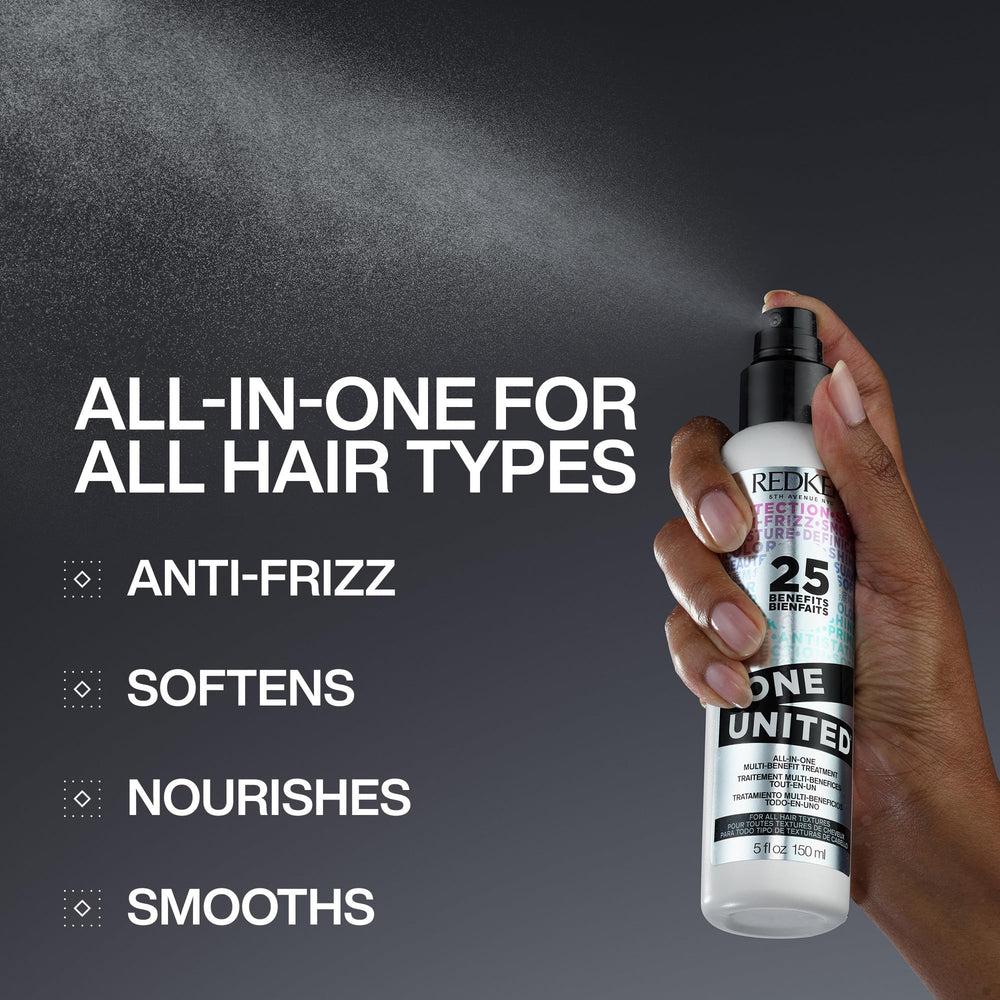 Redken One United on a dresser in lifestyle scene for streamlined routine benefit