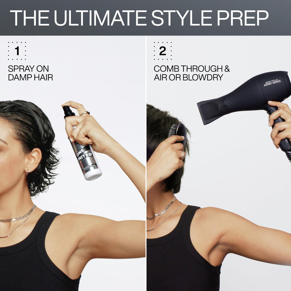 Redken One United next to a ruler showing 13.5 oz size and travel convenience