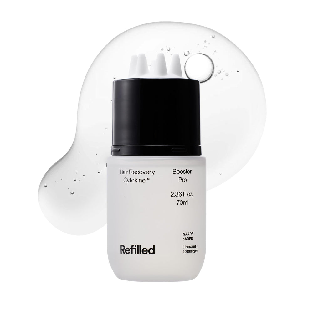Refilled front packaging showing serum bottle and benefits