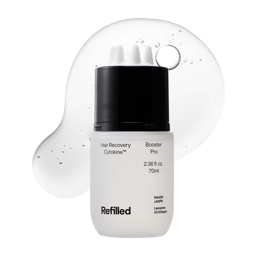 Refilled front packaging showing serum bottle and benefits