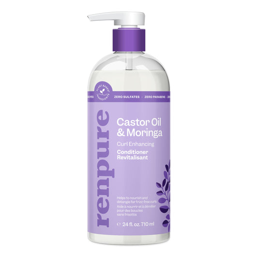 RENPURE front bottle showing castor and moringa branding and recyclable pump, highlights convenience