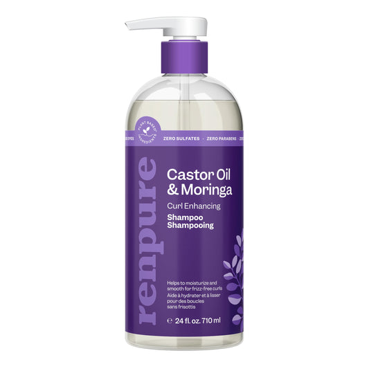 RENPURE front bottle showing moringa and castor branding and eco-friendly benefit