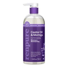 RENPURE front bottle showing moringa and castor branding and eco-friendly benefit