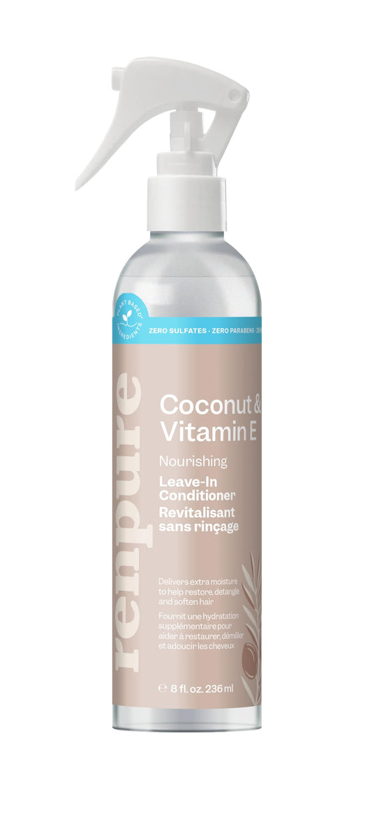 RENPURE front packaging showing coconut milk leave-in spray benefits