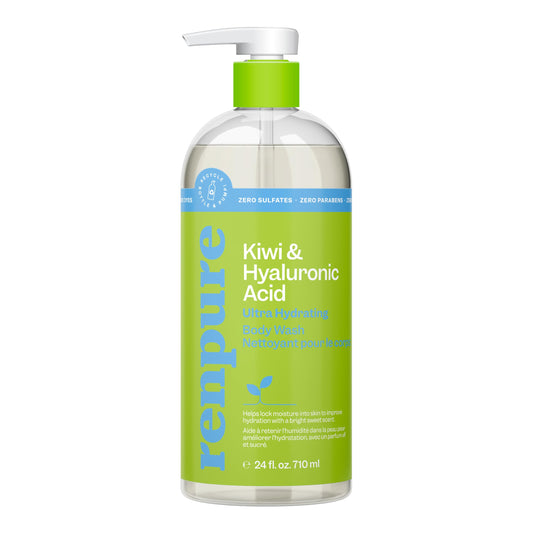 renpure pump bottle front view showing kiwi scent and recyclable benefit