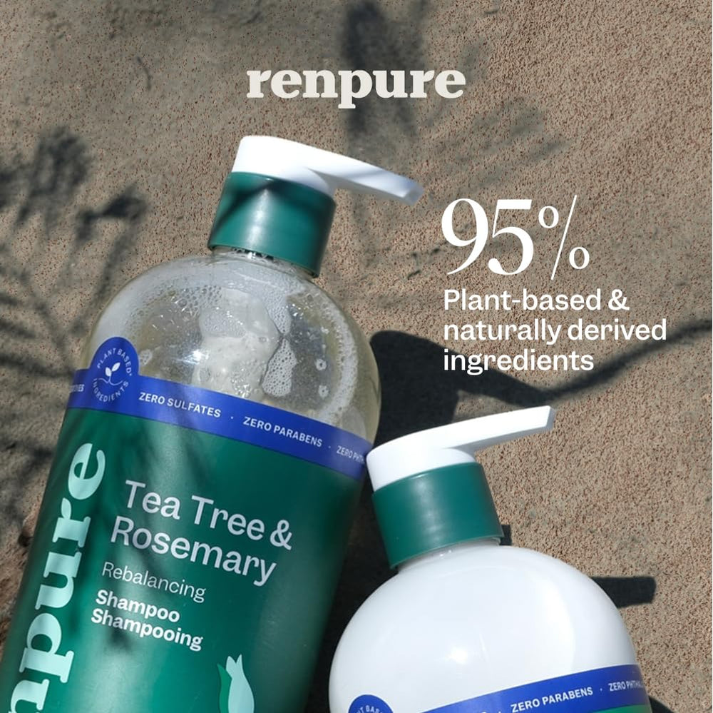 RENPURE shampoo pump close-up highlighting label and easy dispensing