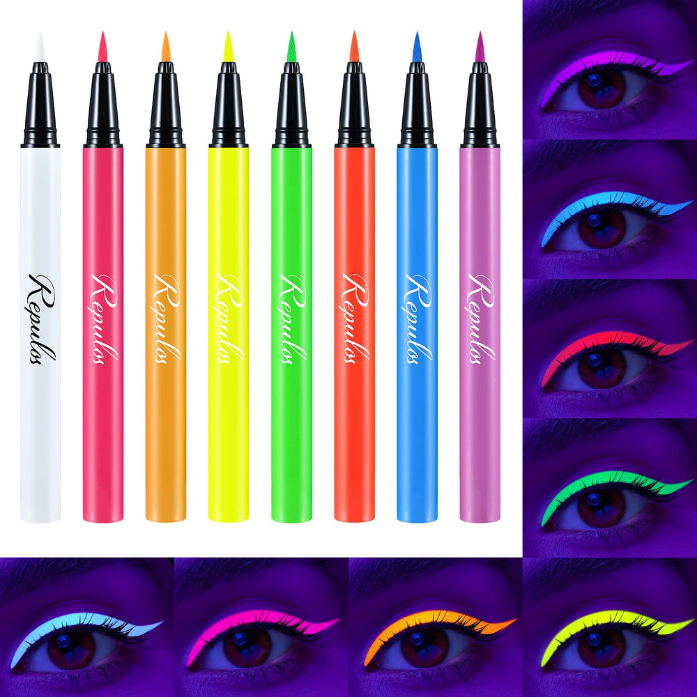 REPULOS front packaging showing all eight neon eyeliner pens and benefit of full color range