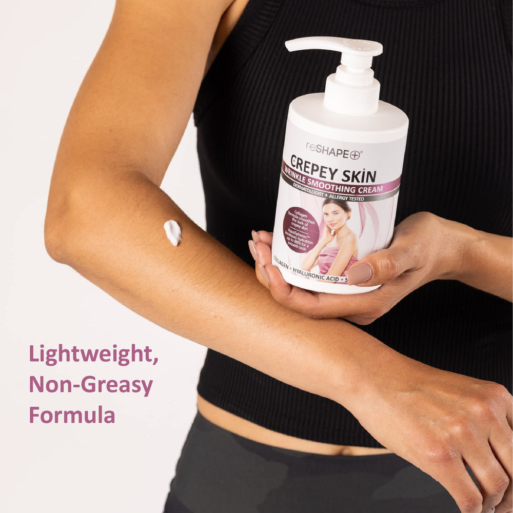 Reshape+ applied to neck and décolletage, visually emphasizes smoothing and hydration benefit