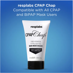 RespLabs cpapchap next to travel items for scale, emphasizes compact 1.4 fl oz portability