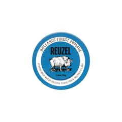 REUZEL Blue Pomade tin front showing label and easy-to-open lid for quick styling