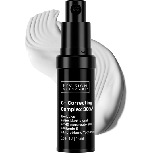Revision Skincare front bottle view showing sleek serum packaging and results