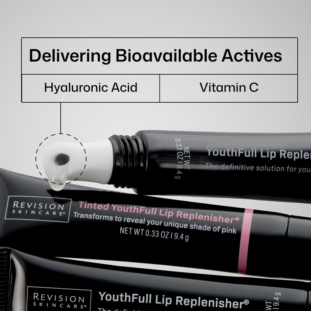 Revision Skincare applied on lips demonstrating plumping and shine