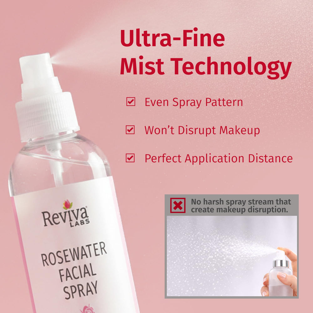 Reviva Labs mist spraying on model’s face providing instant refreshing hydration