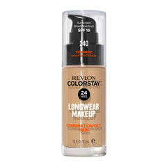 Revlon bottle front packaging showing shade 240 Medium Beige and benefit longwear