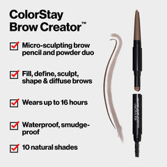 Revlon powder swatch on skin showing blendable pigment for soft, fuller brows