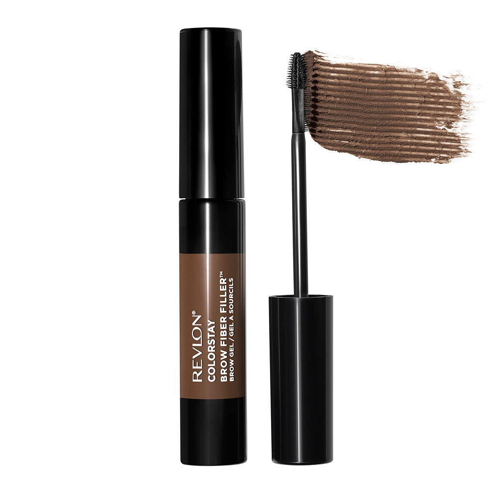 Revlon brow fiber filler front packaging showing compact tube and label benefits