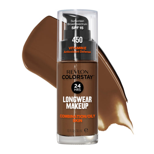 Revlon ColorStay front packaging in 450 Mocha showing bottle and shade, reliable coverage