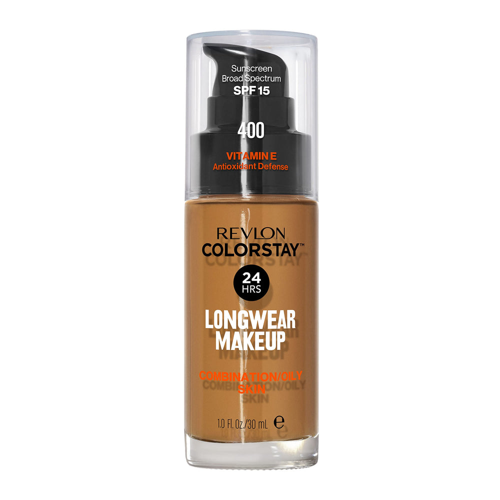 Revlon ColorStay front packaging showing shade 400 Caramel and benefits