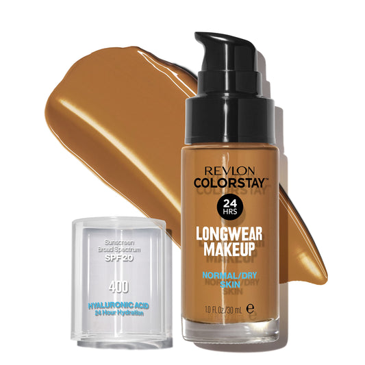 Revlon ColorStay front packaging showing shade 400 Caramel and benefit of longwear