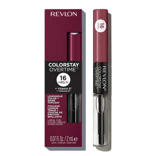 Revlon ColorStay Overtime front packaging showing dual-ended tube and shade