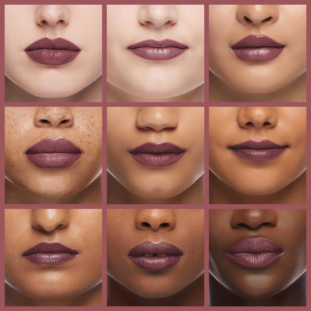 Revlon lip swatch on model illustrating flattering Royal Raisin color payoff