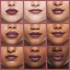 Revlon lip swatch on model illustrating flattering Royal Raisin color payoff