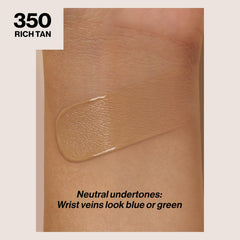 Revlon ColorStay shade swatch 350 Rich Tan on arm, clear color match benefit