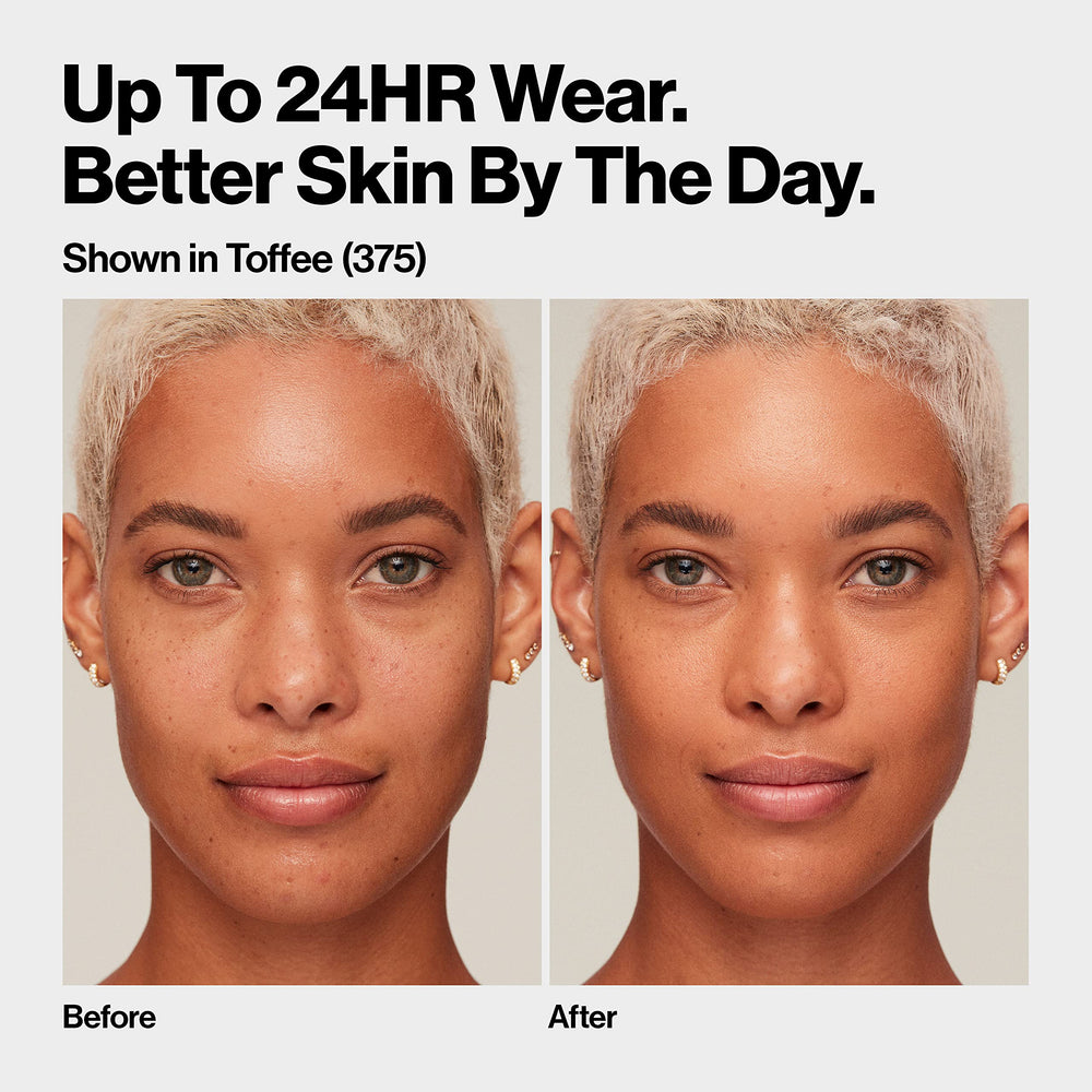 Revlon ColorStay swatch of 400 Caramel on skin demonstrating true-to-tone coverage