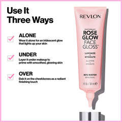 Revlon face gloss swatch on skin revealing iridescent rosy glow and soft blurring