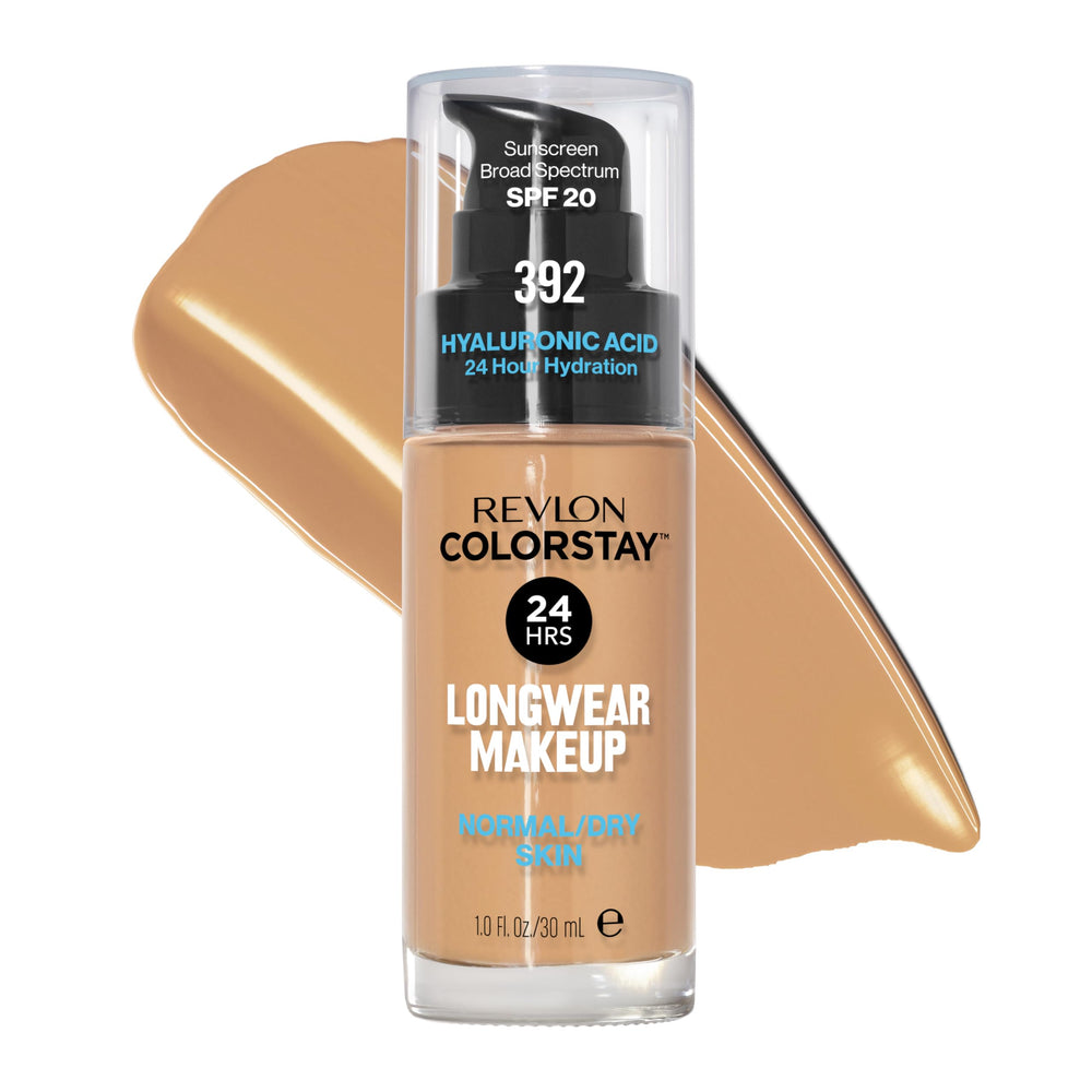 Revlon bottle front view showing label and shade, promoting convenient longwear