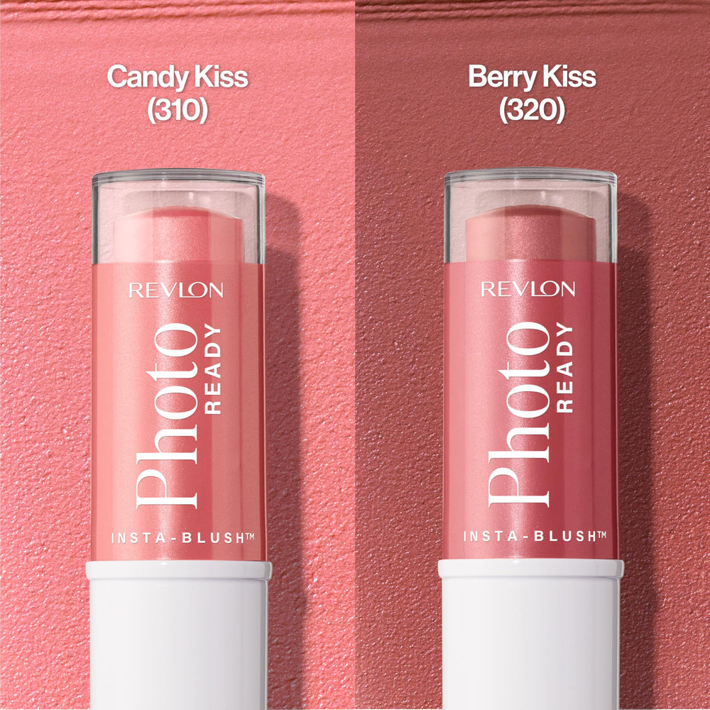 Revlon blush dabbed on lips showing dual-use as lip tint for coordinated color