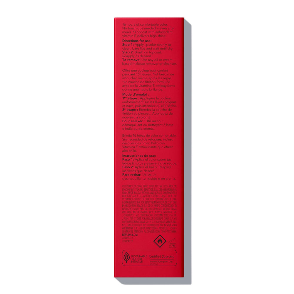 Revlon on model evening makeup showcasing dramatic red lip and long-lasting color benefit